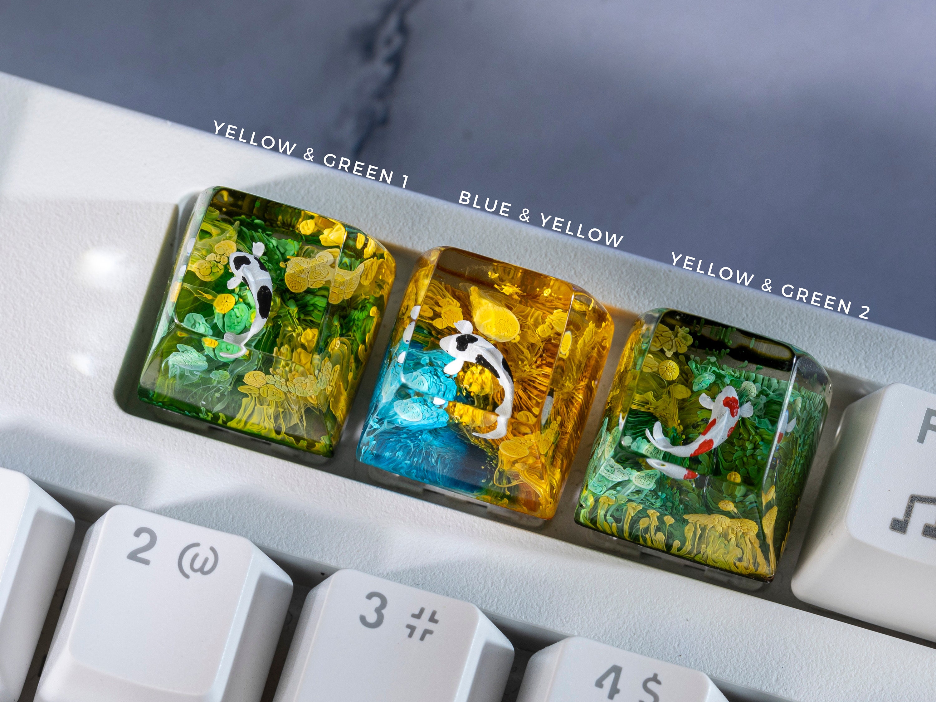 Koi Keycap, Artisan Keycap, Yellow & Green Coral, Keycap for Cherry MX Switches Mechanical Keyboard, Handmade Gift