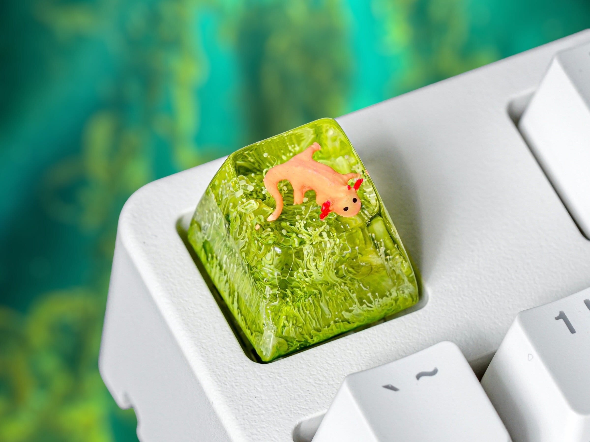 Axolotl Fish Keycap, Green Coral, Artisan Keycap, Resin Keycap, Keycap for MX Cherry Switches Michanical Keyboard, Gift for Him