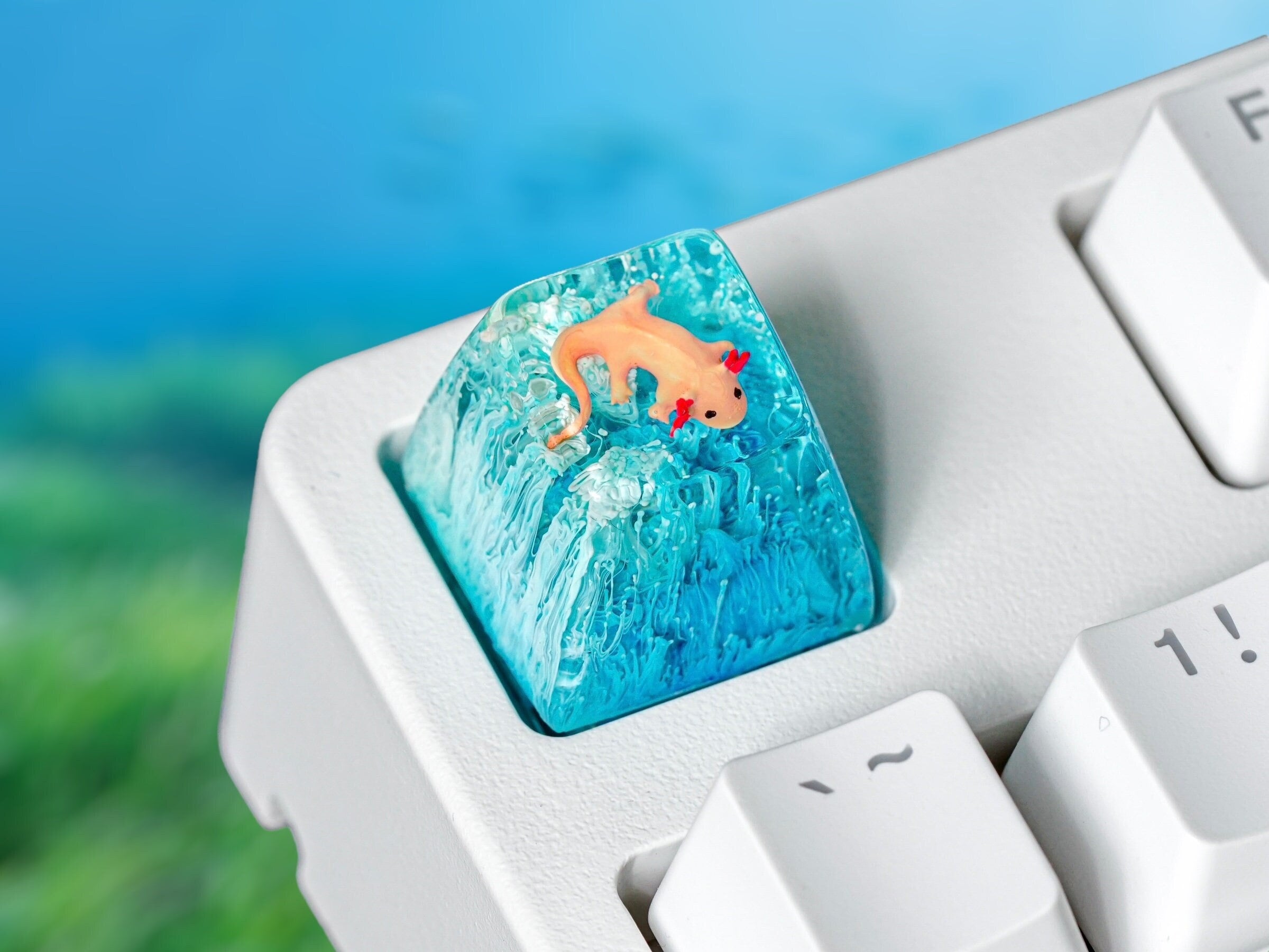 Axolotl Fish Keycap, Blue Coral, Artisan Keycap, Resin Keycap, Keycap for MX Cherry Switches Michanical Keyboard, Gift for Him