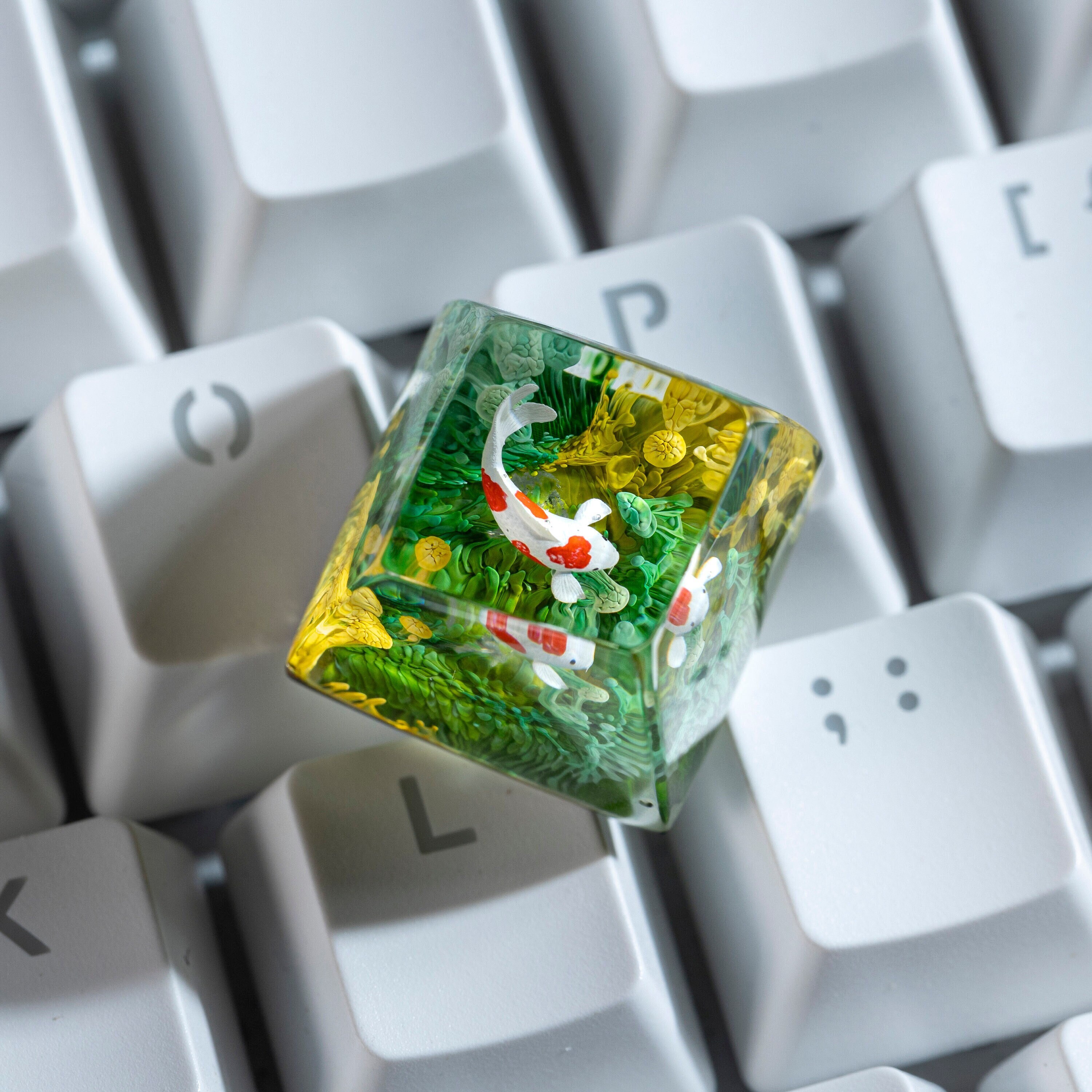 Koi Keycap, Artisan Keycap, Yellow & Green Coral, Keycap for Cherry MX Switches Mechanical Keyboard, Handmade Gift