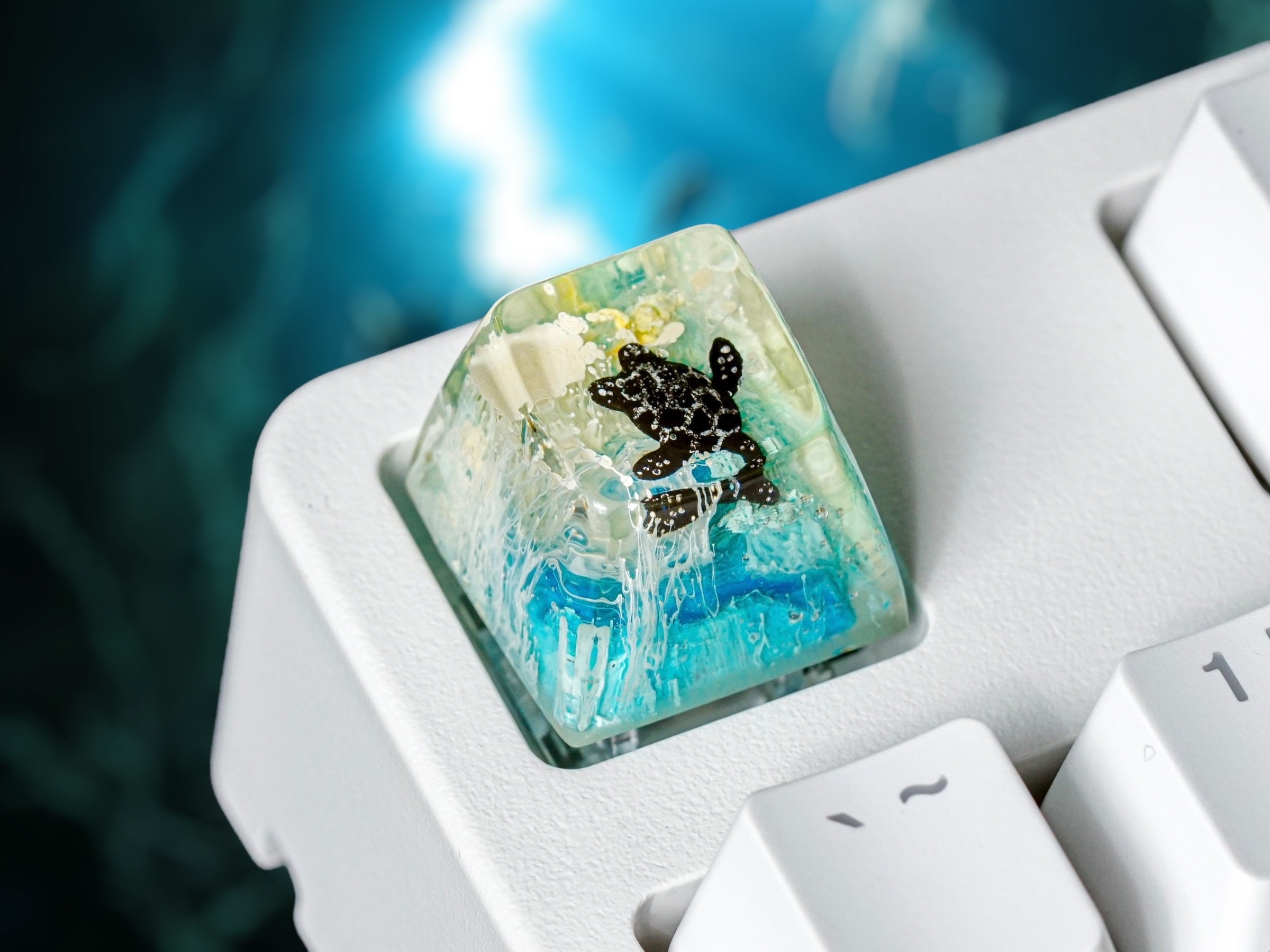 Black Turtle Keycap, White Coral, SA Profile Keycap, Keycap for MX Cherry Switches Mechanical Keyboard, Handmade Gift