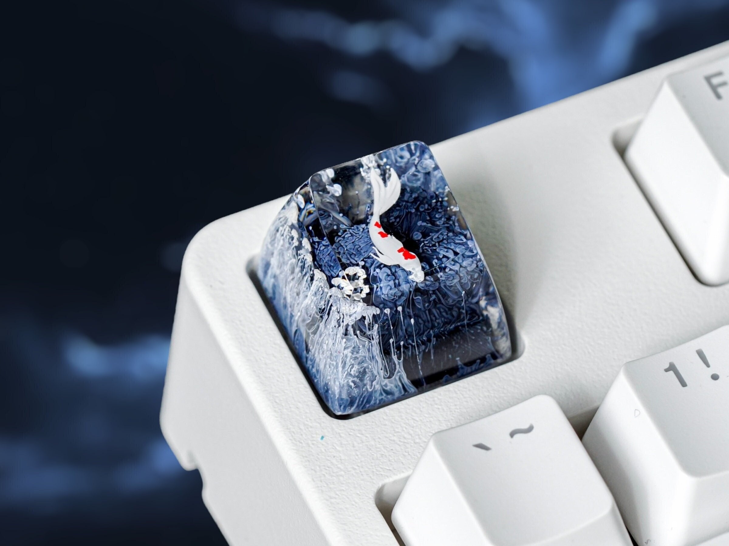 Koi Fish Keycap, Artisan Keycap, White & Black Coral, Keycap for Mx Cherry Switches Mechanical Keyboard, Gift for Him